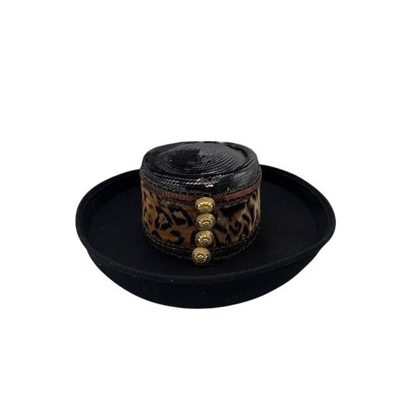 Whittall & Shon Vintage Black Wool Leopard Sequin Gold Button Bollman Hat EUC